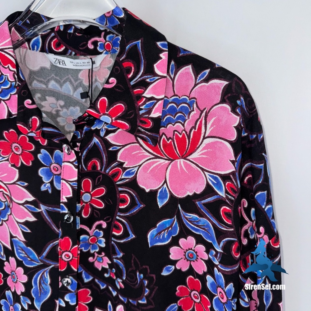 1127 NWT Zara Floral Tiered Shirt Dress Mini - L - Black Multicolor - Picture 3 of 16